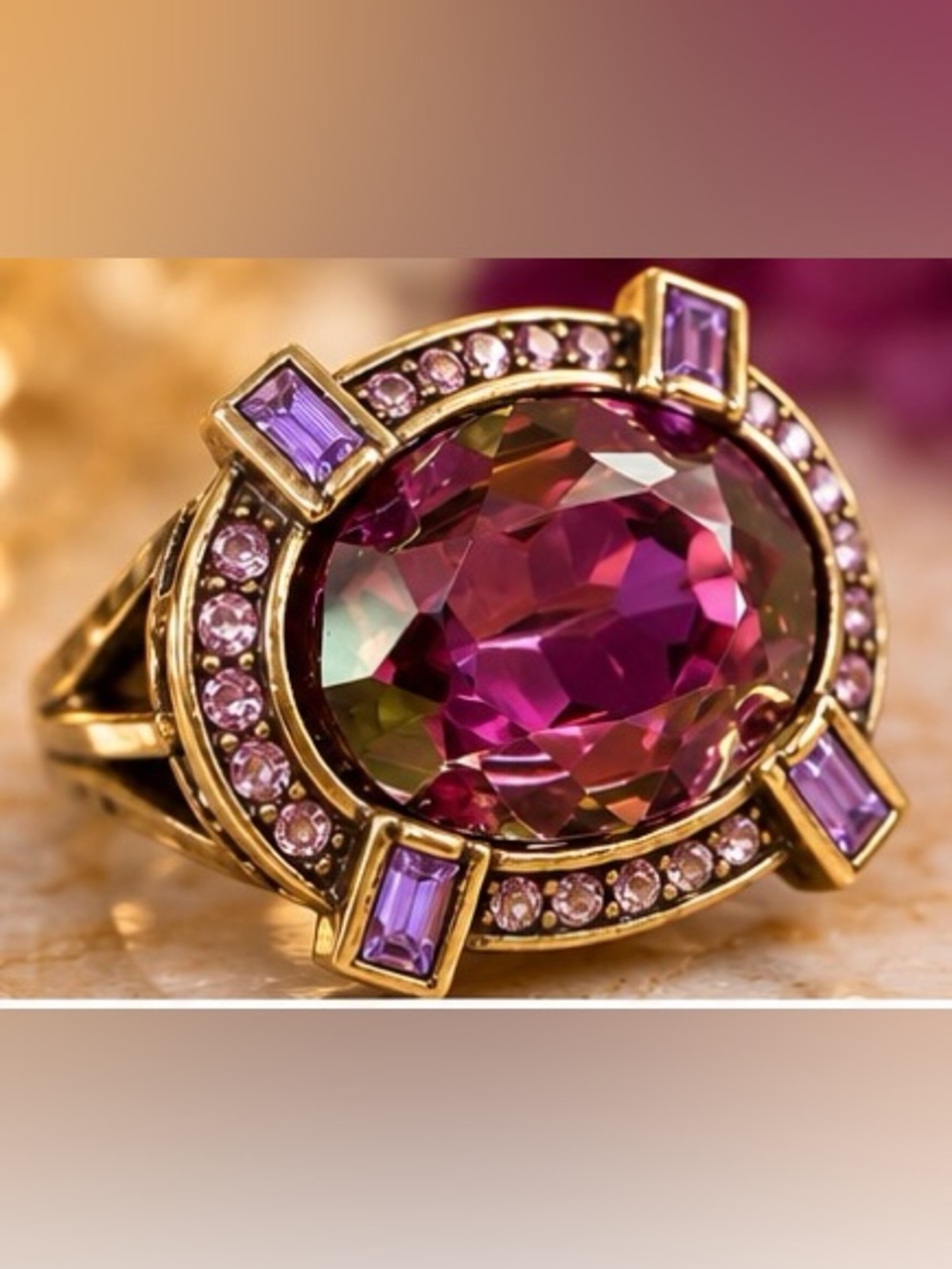 Bold & Beautiful Statement Ring – Pink Purple Crystal Cocktail Ring *Size 6